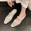 Pantuflas Tejidas Cómodas Gigantes Marea de Verano para Mujer Altura Aumentada 4cm Huecas Transpirables Media Muela Zapatos de Muela Planos Sandalias Artísticas
