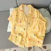 Pijama de Algodón Nublado para Mujer de Comercio Exterior Transfronterizo, Cárdigan de Manga Corta, Shorts de Dibujos Animados para Niñas, Se Puede Usar Afuera, Conjunto para Estar en Casa, Verano