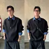 Moletom Casual Tendência Masculino, Gola Dobrável, Manga Longa, Estilo Camisa com Meio Zíper, Versão Coreana, Falso Duas Peças Pesado, Outono e Inverno