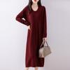 Vestido de punto de lana merino para otoño e invierno, vestido largo holgado por encima de la rodilla con abrigo, elegante vestido tipo suéter con cuello en U.