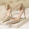 9288-22 Zapatos de Tacón Alto Estilo Coreano, Tacones de Aguja, Boca Baja, Puntas Puntiagudas, Tiras Caladas, Pedrería Brillante, Sandalias de Boda para Mujer