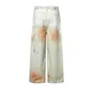 Marca Tendência Jiayiku 2025 Jeans Lavado Retro Americano com Estampa 3D Calças de Corte Reto Personalizadas Cleanfit Perna Larga