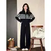 Cardigan de Punto con Bloques de Color y Rayas Otoñal Casual, Cremallera Doble, Estilo Holgado Perezoso, Pantalones de Pierna Ancha, Conjunto de Dos Piezas