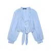 Zr Comercio Exterior Transfronterizo Wholesale 2026 Nuevo Estilo Europeo y Americano Moda Femenina Dulce Azul Cuadros Camisa Corta Top