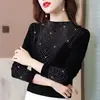 Blusa Feminina Tendência Outono Nova Preta Slim-Fit com Strass, Gola Meia-Alta, Alta Elasticidade, Camiseta Básica Plus Size