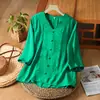 Top Casual Suelto de Moda para Mujer de Verano, Bordado Retro de Algodón y Lino, Cuello en V, Manga Media, Tallas Grandes para Mujeres de Mediana Edad
