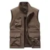 Chaleco nuevo transfronterizo para hombre, chaleco de exterior multi-bolsillo de alta gama con cuello alto, chaleco de color liso, secado rápido, talla grande para hombre