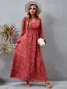 Nuevo Estilo Europeo y Americano Estación Independiente Comercio Exterior Floral Cuello en V Manga Larga Ceñido a la Cintura Fruncido Vestido Dobladillo Amplio Estampado Moderno Versátil