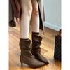 Botas Curtas Salto Gatinho Estilo Francês, Botas Femininas Afuniladas Bico Fino de Pelo, Botas Finas Salto Agulha de Camurça