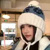 Gorro de Tricô Quente Fair Isle com Abas de Orelha para Mulheres, Chapéu Lei Feng Espesso para Exterior de Inverno, Gorro Pulôver Emagrecedor, Moderno