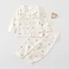 Roupas de Bebê Outono Classe A Algodão Puro Roupa de Casa Conjunto de Proteção para Barriga de Bebê de Cintura Alta Camada Base para Bebês e Crianças Pequenas Blusa de Outono Calça de Outono