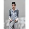 Camiseta feminina listrada estilo preguiçoso com meia-botoadura, cor de bloco primavera/outono, design emagrecedor, manga longa, top base