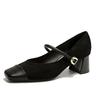 Zapatos Mary Jane de Tacón Grueso con Costuras Negras Zapatos de Tacón Alto Mary Jane Vintage Francés Zapatos de Salón con Corte Bajo