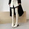Primeiro Encontro: Botas de couro off-white de cano alto, outono e inverno, com salto alto elástico grosso, tamanho grande, botas femininas