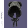 Sombrero de lana tejido con orejas de oso para mujer invierno que hace que la cara se vea pequeña felpa lindo protección para las orejas cálido circunferencia de cabeza grande con cordones gorro para el frío