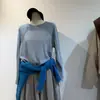Diseño estilo coreano, ribete de encaje de nicho, top de manga larga básico para mujer, corte holgado, versátil, mangas raglán, camiseta de cuello redondo