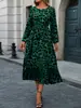 Vestido Saia Elegante Europeu e Americano Exportação Transfronteiriça 2025 Estampa de Leopardo Mangas Bufantes Babados Linha A Cintura Comprimento Médio