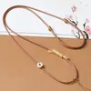 Corda de couro encerado de alta qualidade com pingente de flor de concha jadeíta, cordão de colar fino, cordão de colar com pingente de Buda de jade Hetian