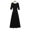 Vestido Estilo Ballet Cuello en U Profundo Manga Media para Mujer Verano 2025 Elegante Favorecedor Parche Cintura Plisada Falda Larga