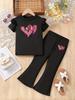 Comercio exterior al por mayor de moda para niñas, pantalones de manga corta con estampado de amor, traje de dos piezas de verano con cuello redondo y manga de encaje