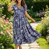 Amazon Nuevo Estampado Vestido de Manga Corta Verano Nuevo Falda Larga Mujer Estilo Bohemio Playa Cuello en V 26