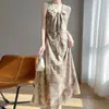 Vestido de georgette com gola U e alças de amarração, cintura alta, novo design para a primavera e verão de 2025, para senhoras