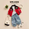 Jaqueta de Motociclista para Meninos Estilo Primavera e Outono Cor Vermelha e Preta Color Blocking Gola Alta Jaqueta Estilosa para Crianças Crianças Pequenas e Médias Top Casual Bonito