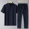 Novo Conjunto de Seda Gelada de Verão para Meia-Idade e Idosos Camisa Polo de Manga Curta para Homens e Pais, Conjunto de Duas Peças com Gola Alta Camisa Polo de Nylon
