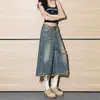 Jeans de perna reta com design rasgado de borda crua estilo americano para mulheres, novas calças cropped vintage desfiadas de verão