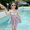 Traje de baño de una pieza para niños Verano 2026 Nuevo estilo Traje de baño de playa estilo vestido de princesa para niñas Traje de baño de sirena para bebé