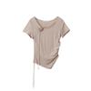 [Oufan] blusa feminina moderna estilo nacional camélia tridimensional barra irregular com cordão na cintura 9766