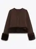 Suéter de Tricô Cardigan Casaco Feminino de Luxo com Costura em Pele Sintética Gola V Estilo Europeu e Americano Outono Inverno Jaqueta Cross-Border