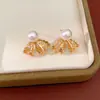 Pendientes Redondos de Perla con Lazo Chapados en Oro Real de 18K sobre Aguja de Plata Pendientes Versátiles Elegantes con un Toque de Lujo Ligero y Gama Alta