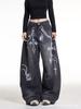 Exportação Transfronteiriça Jeans Retrô Americano Lavado com Corrente Cruzada Estampado Sabre para Homens e Mulheres Calças Hip-Hop de Outono