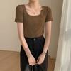 Camiseta de Algodão com Fio Colorido Dopamina Estilo Coreano Verão Versátil Top Super Curto Pulôver Gola U Estilo Simples para Mulheres