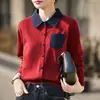 Cardigã de lã de malha fina com lapelas de cor contrastante para mulheres, blusa falsa de duas peças, suéter-casaco estiloso e que afina