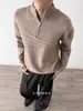 Suéter Pulôver Masculino Gola Alta Meio Zíper Textura Sarja Estilo Old Money Outono Inverno Preguiçoso Cor Sólida Camada Base Casual Tricô