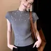Top de Malha Cinza com Design de Strass, Gola Alta Meia-Boca para Mulheres, Primavera/Verão 2026, Toque de Luxo Leve de Alta Qualidade, Suéter de Manga Curta