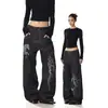 Jeans de mezclilla cruda con estampado de caballo de guerra retro americano para hombres y mujeres, estilo callejero, pantalones de mezclilla anchos hasta el suelo, geniales y modernos