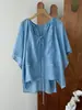 Top único con cordones azul y mangas acampanadas para mujer, camisa de ramio de manga corta con ribete de encaje de verano 023