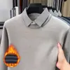 Suéter Masculino Espesso de Inverno com Gola de Camiseta Falsa Dupla, Tricô Solto para Pais, Suéter Masculino Forrado com Fleece