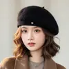 Boina de Lã de Algodão Estilo Coreano Retro Feminina Afina o Rosto Quente Tricô Chapéu de Pintor Versátil Grande Circunferência da Cabeça Chapéu de Temperamento Inverno