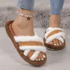 Pantuflas de felpa a rayas transfronterizas para mujer, para uso en casa en otoño e invierno, con suela gruesa, punta abierta, antideslizantes, cálidas para interior, de algodón