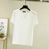 Nueva camiseta base casual de manga corta con cuello en V para mujer, talla grande, estilo coreano, color liso, para primavera y verano