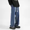 Calça jeans masculina preto-cinza primavera e outono estilo retro americano high street perna larga estilo outono e inverno calça de cintura elástica reta folgada