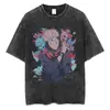 Streetwear Japonês Masculino Vintage Lavado Preto Camiseta Anime P