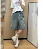 Shorts Jeans Rasgado Estrela Estilo Retrô Americano para Mulheres, Estilo de Rua de Verão, Corte Reto Solto, Calça de Cinco Pontos Wide-Leg Emagrecedora, Tendência