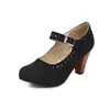 Comercio Exterior Primavera y Otoño Nuevos Zapatos Planos de Tacón Medio con Correa Única Boca Poco Profunda Punta Redonda Brogue Retro Mary Jane Tacón Grueso Zapatos de Hada