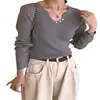 Top de punto de manga larga con cuello en V OEM, ropa de otoño para mujer, nuevo 2026 ajustado, top de punto adelgazante, camiseta básica para mujer