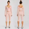 Conjunto de Roupa de Yoga Transfronteiriça para Mulheres, Top Cruzado de Manga Longa com Decote em V, Roupa para Trabalho, Calça Fitness Casual de Secagem Rápida, Traje Esportivo